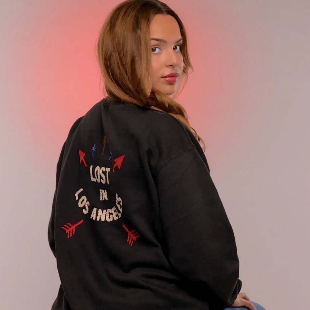 Crew Neck Black Sweater with 'Lost in Los Angeles' Embroidered Back